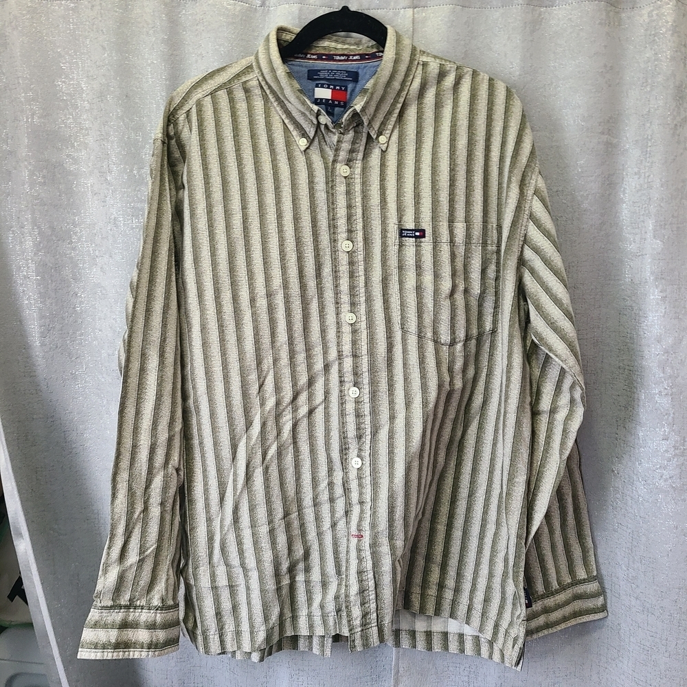 Tommy Hilfiger Men's Green Striped Shirt Vtg‎ Large